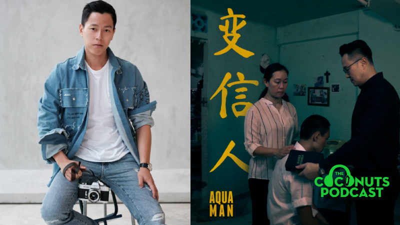 左图是《水人》的编剧兼导演何俊杰，右图是他短片的宣传剧照。摄影:何杰