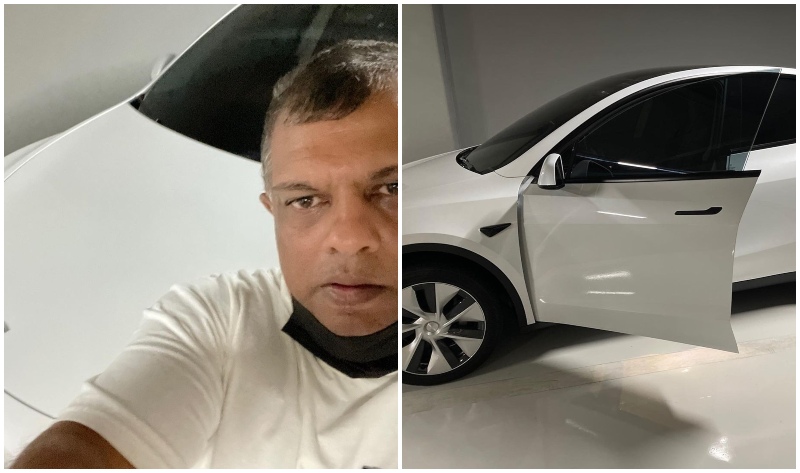 CEO of AirAsia Tony Fernandes takes a selfie with his new ride, at left, and a side view of a Tesla Model Y, at right. Photos: Tony Fernandes/Instagram