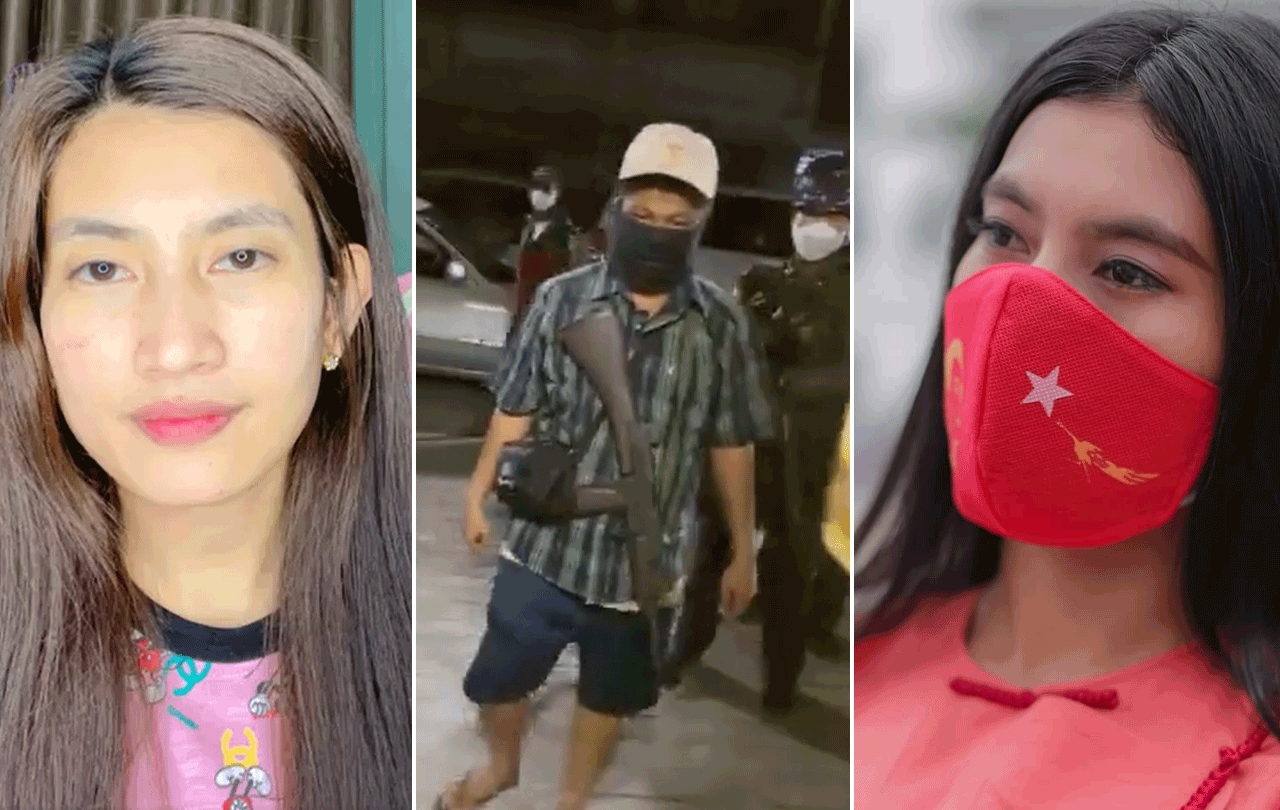 缅甸模特Thin Thin(图左)讨论她周三晚上被绑架一事。在2020年9月的照片中，逮捕她的一名准军事人员(中间)和Thin Thin(右边)。所有图片:Thin Thin / Facebook
