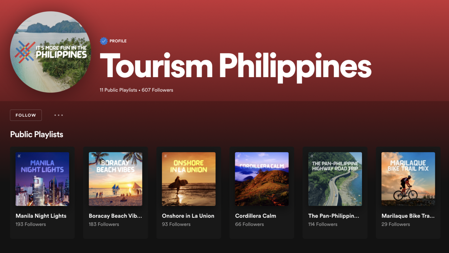 旅游部有菲律宾热门目的地的播放列表。截图:Spotify